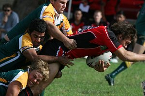 Joel Tubbs gets gang tackled - University Shield - Endeavour SHS v Hunter SHS (Photo's : ourfooty media)