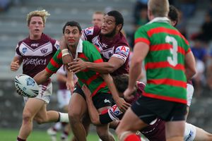 Manly's Fabian Goodall tackles Souths & Australian Schoolboys fullback Alex Johnston (Photo : OurFootyMedia)
