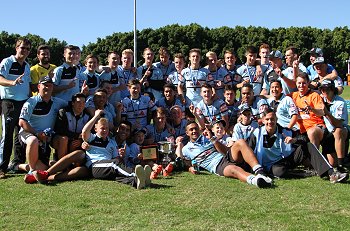 The Cronulla SHARKS celebrate winning the 2015 Harold Matthews Cup (Photo : Steve Montgomery/ OurFootyTeam.com) 