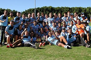 The Cronulla SHARKS celebrate winning the 2015 Harold Matthews Cup (Photo : Steve Montgomery/ OurFootyTeam.com) 