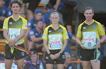 Braydon Wasson, Kassandra McDonald and Michael tasker - REFEREE'S - Cronulla Sharks v Newcastle Knights Tarsha Gale Cup u18 Girls Rugby League Qualifying Final (Photo : steve montgomery / OurFootyTeam.com)