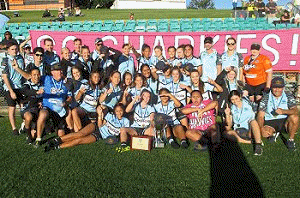 The Cronulla Sharks Tarsha Gale Cup team celebrate winning the Grand Final (Photo : Steve Montgomery / OurFootyTeam.com)