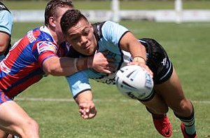Eliah Veikoso drives in for a great try in the Cessnock heat against the Knights in Rnd 4 ( Photo : Steve Montgomery / OurFootyTeam.com )