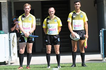 Michael Tasker, Kassandra McMonald & Isaac El-Hassan - REFEREE'S - Newcastle Knights v Cronulla Sharks Tarsha Gale Cup u18 Girls Rugby League Rnd 4 (Photo : steve montgomery / OurFootyTeam.com)