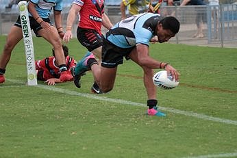 Ronaldo Mulitalo scoring 1 of his 3 tries for the day - NSWRL Jersey Flegg Cup Rnd 2 Cronulla - Sutherland Sharks u20s v North Sydney Bears Action (P