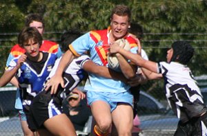 Sam Baraket tries to smash his way forward - Cronulla Caringbah Vs De La salle U 15A's Rnd 12 (Photo's : ourfooty media)