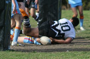That's Rory Hood scoring a try under all the bodies - Cronulla Caringbah Vs De La salle U 15A's Rnd 12 (Photo's : ourfooty media)