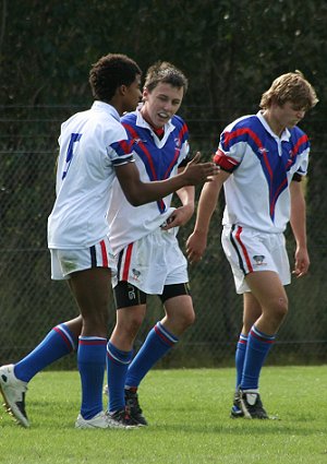 Kiti, luke & reece celebrate Dodgie's try Under 15's in action Sydney Rugby League Trials ( Photo : ourfooty media) 