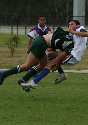 A good hit - Sydney East score Sydney West Vs Sydney East - Under 15's in action Sydney Rugby League Trials ( Photo : ourfooty media)