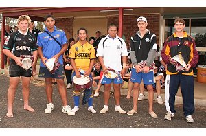 Nyngan Easter Challenge - Most valuable Players, MVP's (L-R) - Chad Davis (Penrith), Danny Faulalo (Parramatta 15's), Nutuna Te Rangi (Parramatta Opens), Sam Atuau (Wests Opens), Ryan Almond (Cronulla 15's) and Jarrad Linton-Harland (CRL Far West Academy Opens)