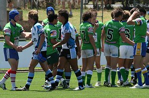 Boys shake hands after the 1st quarter - Nick 'rat' Ratcliffe on another good run - Raiders vs Sharks - Matthew's Cup trial action (Photo : ourfooty media)