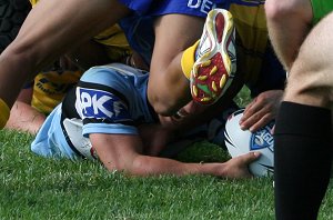 James Spencer smashes thru to the try line for the Sharks - Parramatta Eels v Cronulla Sharks SG Ball rnd 6 action (Photo's : ourfooty media)