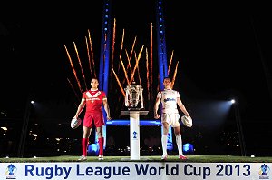 Wales Rugby League international Lloyd White (left) and England Rugby League international Sam Tomkins launch the 2013 Rugby League World Cup at MediaCityUk, Manchester, UK. 