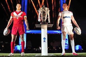 Wales Rugby League international Lloyd White (left) and England Rugby League international Sam Tomkins launch the 2013 Rugby League World Cup at MediaCityUk, Manchester, UK. 