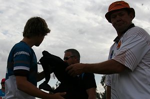 Col Wright FWAS Head Coach presents 'Man of the Match' reece Davidson with his gift 