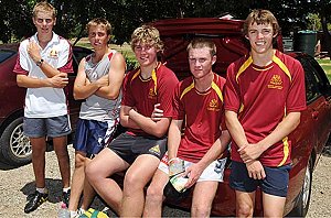 Young referees squad (from left) Andrew Smith, Roxley Duggan, Liam Parker, Corbin Kelly and Lachlan Wild at Jack Woolaston Oval on Sunday. Photo: Geoff O’Neill