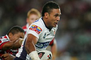 SETTING sail ... Broncos centre Justin Hodges bullocks his way clear of the defence last night. Picture: Brett Costello
