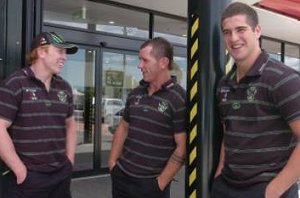 Alan Tongue (left) and Forbes’ Josh Miller and Joel Thompson relax yesterday in Orange before Saturday’s NRL trials.