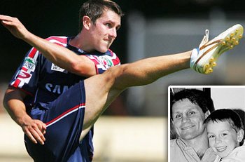 Rising star ... Mitchell Pearce trains with the Roosters yesterday and (inset) aged four with proud dad Wayne. / The Daily Telegraph