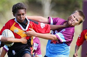 Devaine Shortjoe pushes away from the Bentley Park defence yesterday.