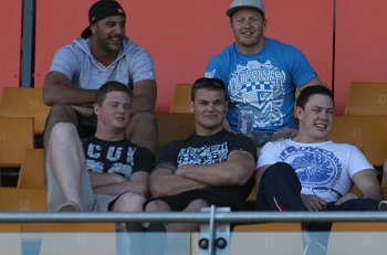 Junior Kangaroo's Skipper Ben Jones (with blue shirt) watches his mates from MATRAVILLE SHS boyz play PATRICIAN Bro's in rnd 3 of the ARL Schoolboys Cup (Photo : ourfootymedia)