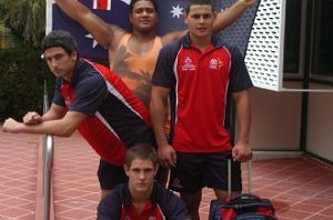 Schoolboys rep Francis Veukiso (flag) with AIS schoolboy squad members Luke Abdul-Rahman, Rhyse Martin (back) and Jack Svendsen (front)