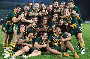 The Australian Institute of Sport celebrate their 1st Test victory over the French u19's
