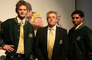 ASSRL Skipper Tim Auremi, ASSRL President Mr. Bruce Wallace & schoolboy Albert Kelly at the Team of the Century announcement ( Photo's : ourfooty media )