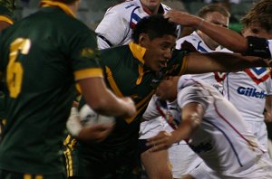 Faleula Finau busting the GBCL D - Australian Schoolboys v GBC U18 YOUNG LIONS 1st Test ACTION (Photo's : ourfootymedia)