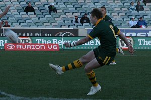 Jordan Rankin kicks the footy clear - Australian Schoolboys v GBC YOUNG LIONS 1st Test ACTION (Photo's : ourfootymedia)