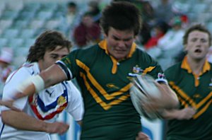 Jake Finn busts thru the pommie line - Australian Schoolboys v GBC YOUNG LIONS 1st Test ACTION (Photo's : ourfootymedia)