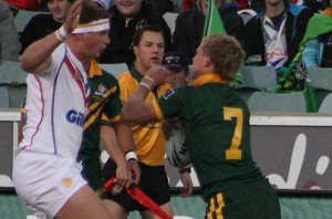 Jacob Miller pushes thru the off side Jacob Fairbank - Australian Schoolboys v GBC YOUNG LIONS 1st Test ACTION (Photo's : ourfootymedia)