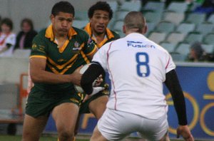 PJ Asiata runs at GBCL forward Anthony Symons - Australian Schoolboys v GBC YOUNG LIONS 1st Test ACTION (Photo's : ourfootymedia)