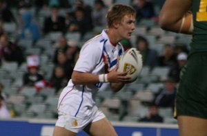 Young Lions fullback John Pewall looks for space - Australian Schoolboys v GBC YOUNG LIONS 1st Test ACTION (Photo's : ourfootymedia)