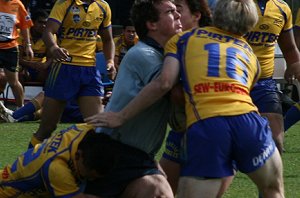 Reece Regan gets smashed by the Parra defence - Parramatta Eels Harold Matthews Cup Vs NSW CCC U 15's (Photo : ourfooty media)
