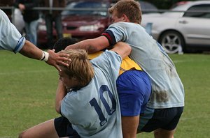 Forwards Heath McIlveen & Zac Wedersweier combine weel in defence - Parramatta Eels Harold Matthews Cup Vs NSW CCC U 15's (Photo : ourfooty media)