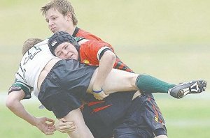Max Ray and Jeremy Smith in defence for Dubbo College Senior Campus in their 46 - 24 trouncing of Cronulla High