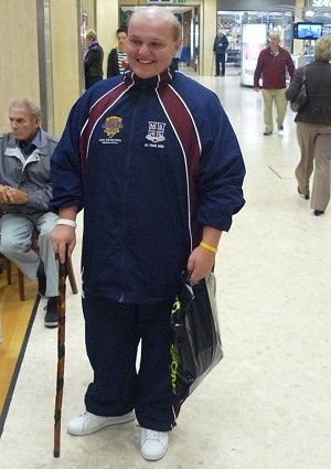 Josh with the walking stick the boys bought him 