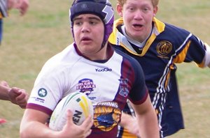 George Marchant on the charge for the Mackay High Rugby League Academy at the Broncos Country Cup, Burleigh Heads