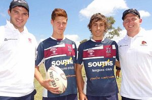 Broncos players Matt Gillett, left, and Ben Hennant caught up with scholarship holders Kalyn Ponga and Ashton Windsor. Charlie Payne